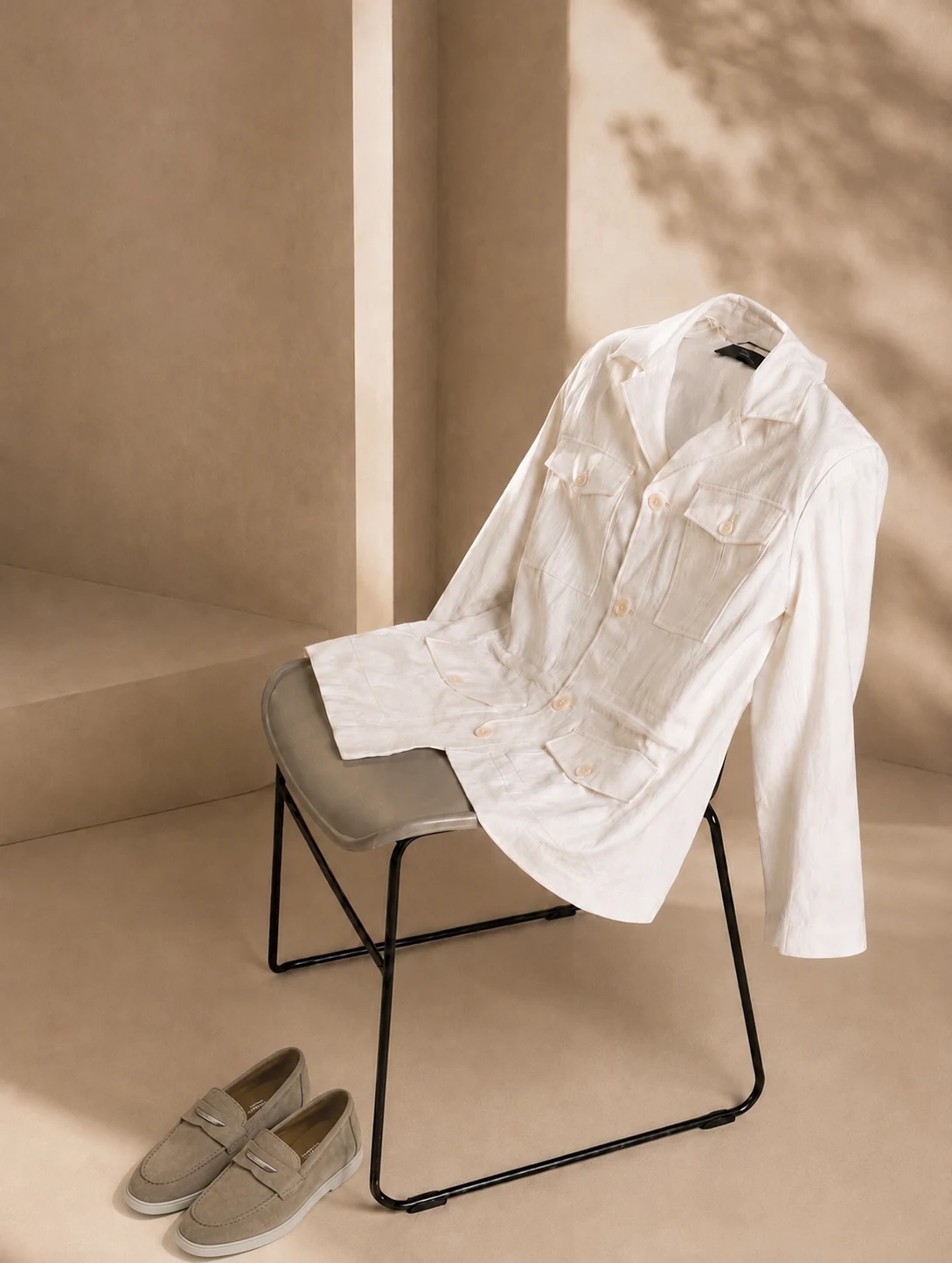 A cream safari jacket draped over a chair beside taupe suede loafers